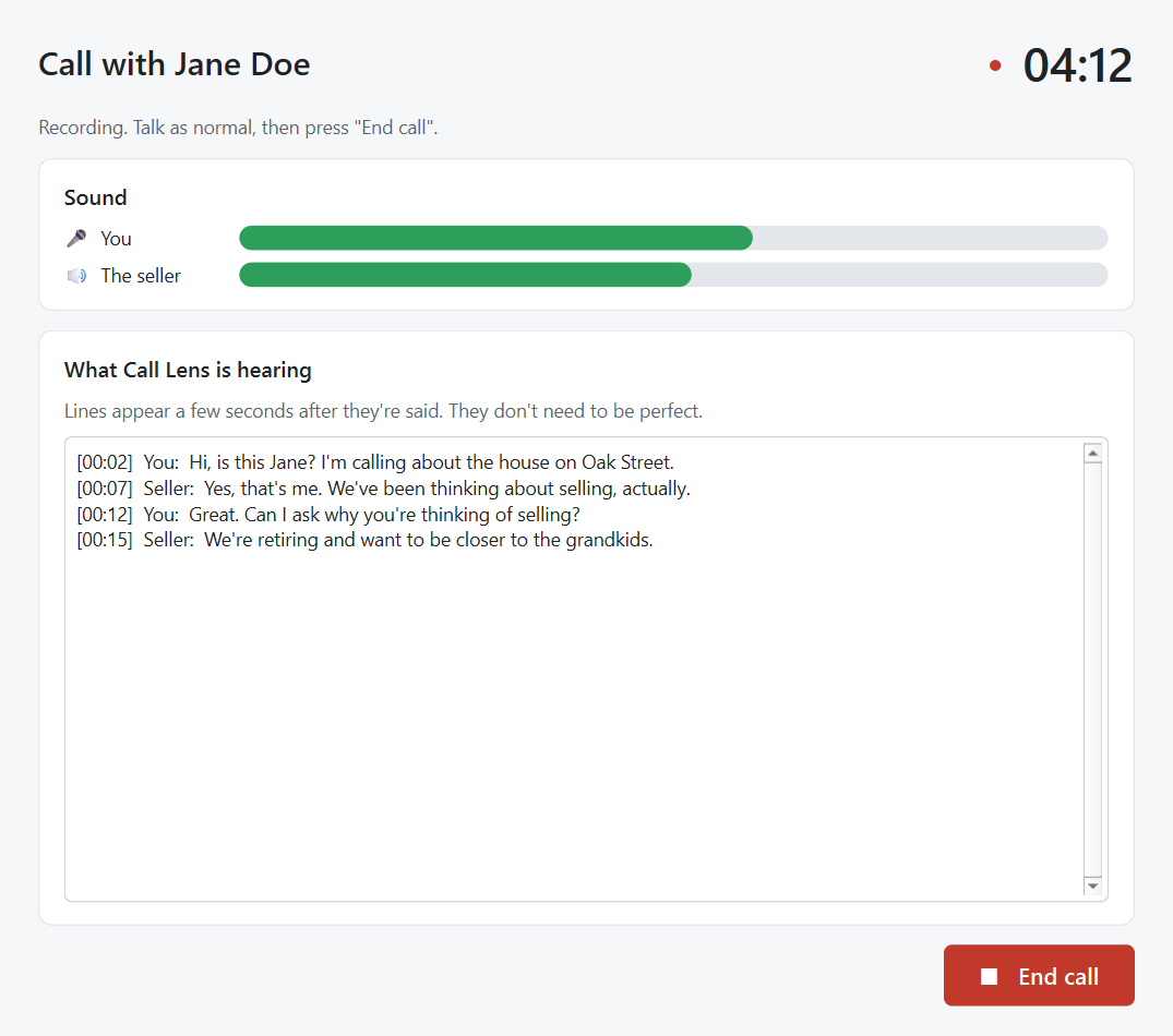 A call in progress with a timer, sound bars and the words being heard.