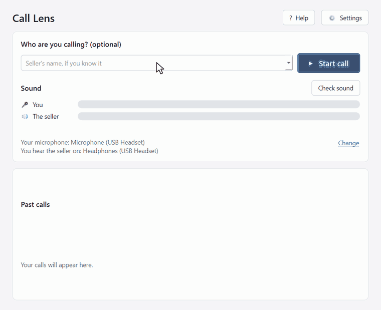 Call Lens in action: check the sound, make the call, press End call, and the lead sheet appears, ready to copy.