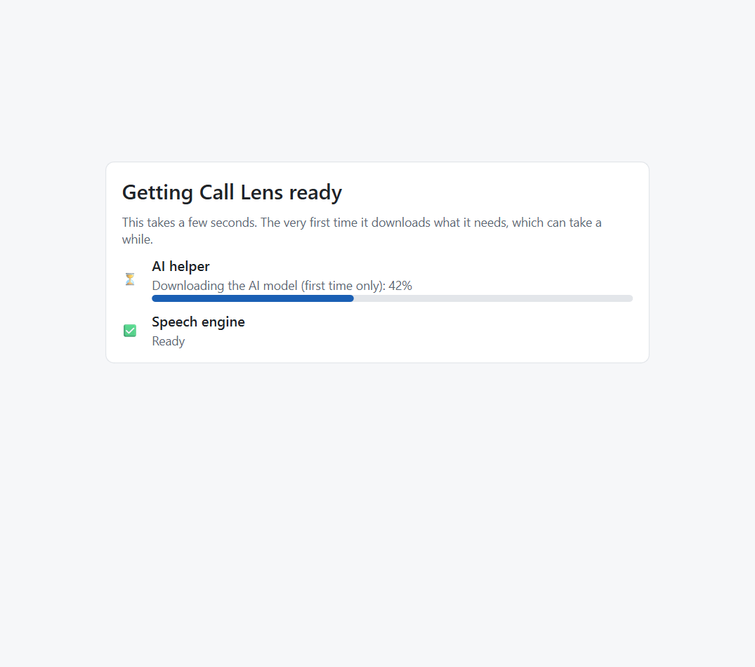 The Getting ready screen downloading the AI model, 42% done.